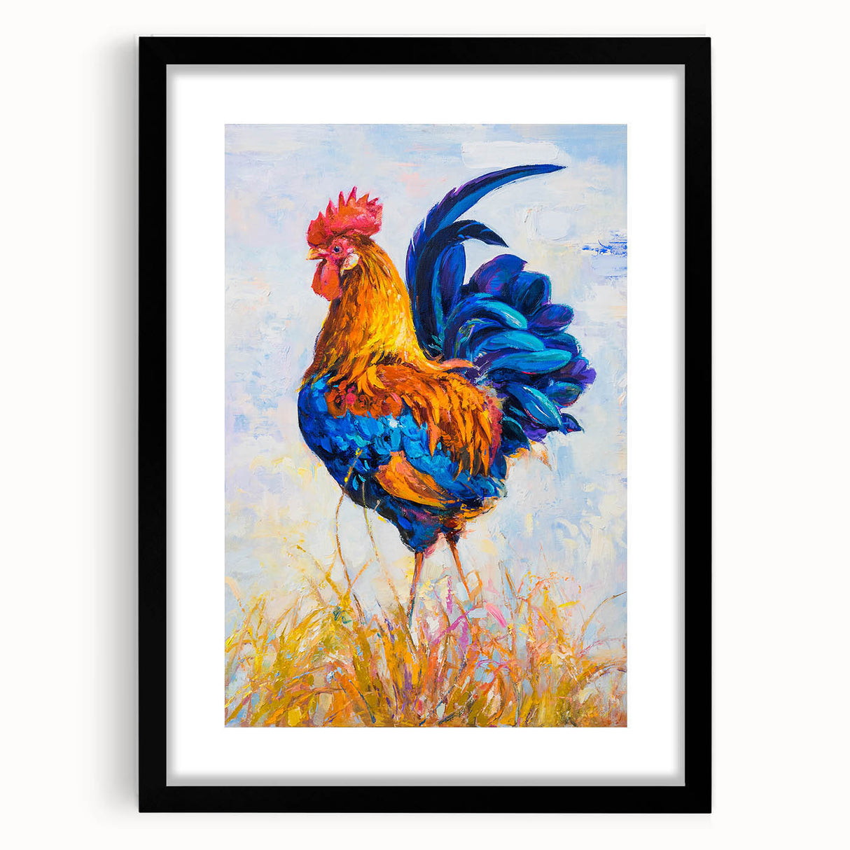 Framed wall art featuring a whimsical chicken design in a black mat, showcasing vibrant colors and intricate details, perfect for adding a playful touch to home decor.