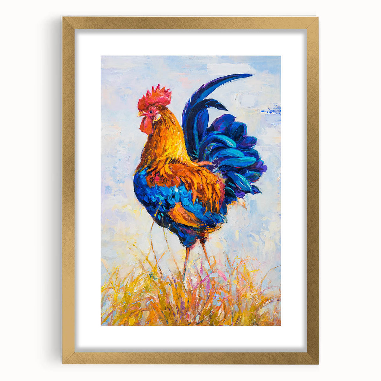 Framed wall art collection featuring elegant chicken designs set in a gold frame with a mat, perfect for adding a touch of sophistication to home decor.