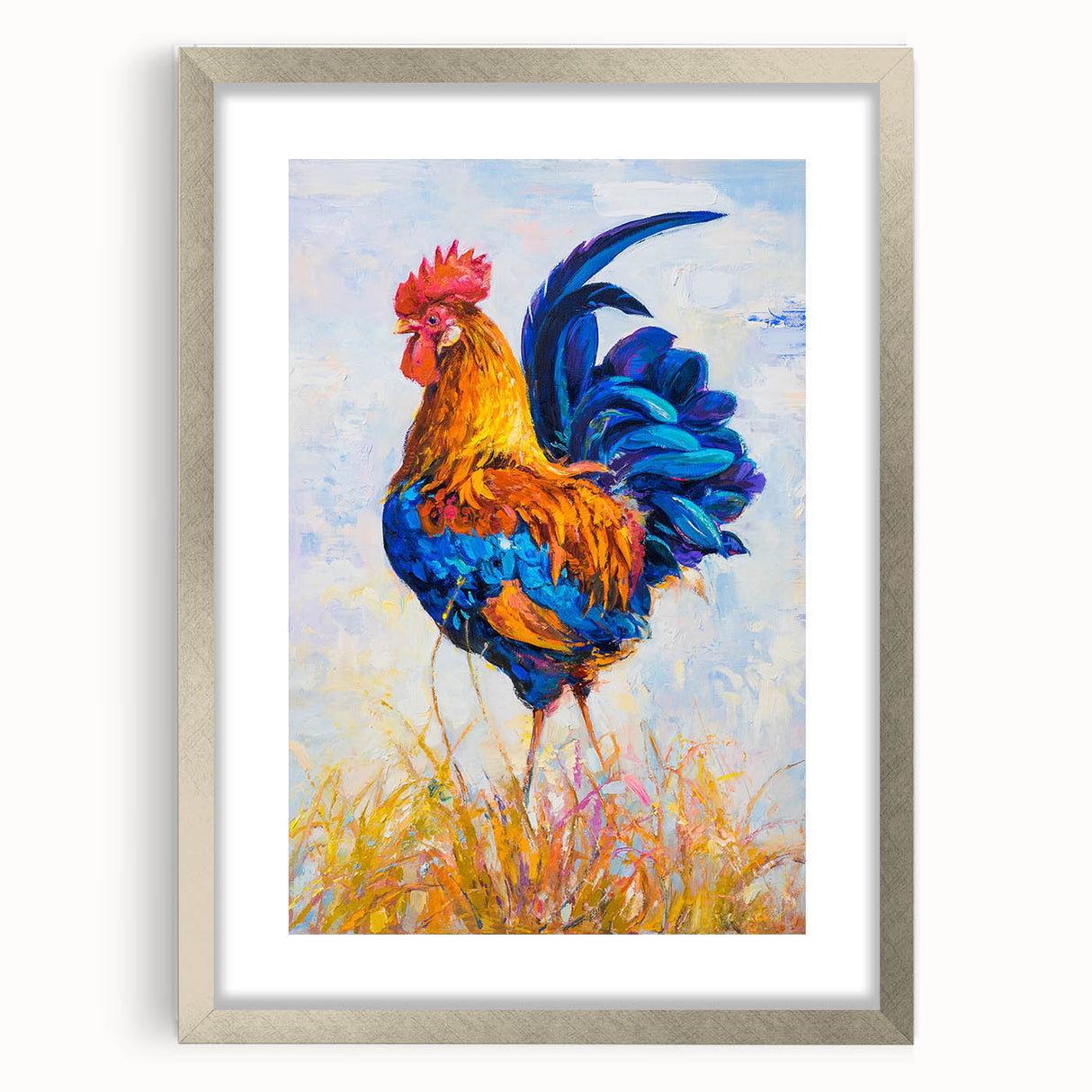 Framed wall art collection featuring a stylish silver mat with a chicken design in vibrant colors, ideal for enhancing home decor and adding a playful touch to any room.