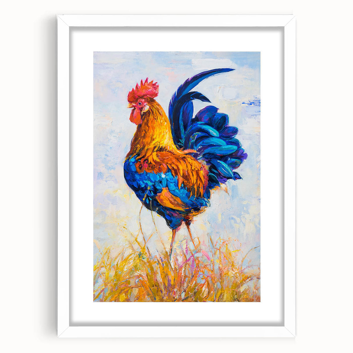 Framed wall art collection featuring a vibrant chicken design, set against a white mat background, ideal for adding a whimsical touch to home decor.
