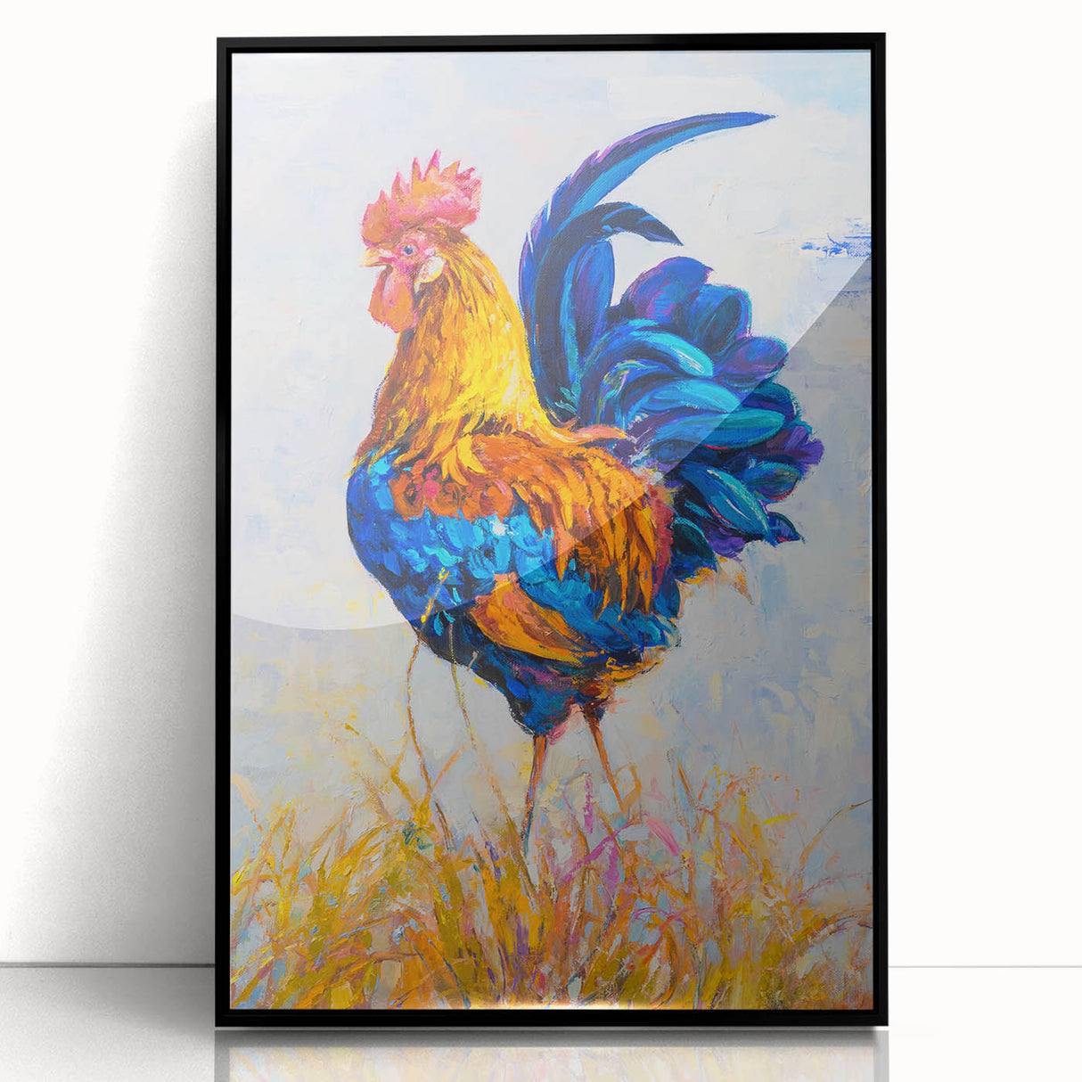 Framed wall art collection showcasing a vibrant chicken-themed design featuring colorful birds on a black background, ideal for modern home decor.