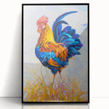 Framed wall art collection showcasing a vibrant chicken-themed design featuring colorful birds on a black background, ideal for modern home decor.