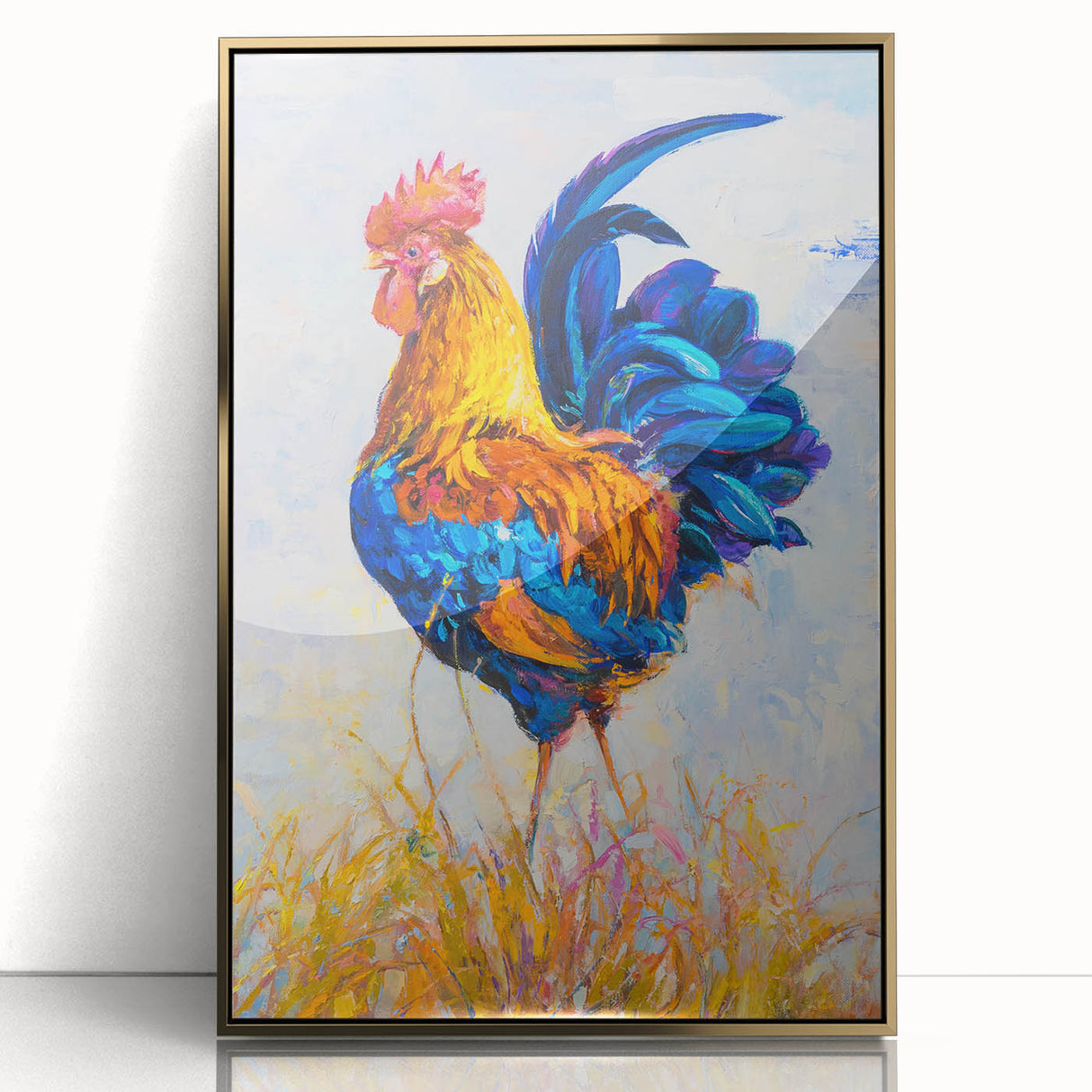Framed wall art featuring a colorful chicken design with gold accents, displayed in an elegant frame, perfect for adding a whimsical touch to home decor. Ideal for animal lovers and art enthusiasts seeking unique wall decorations.