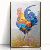 Framed wall art featuring a colorful chicken design with gold accents, displayed in an elegant frame, perfect for adding a whimsical touch to home decor. Ideal for animal lovers and art enthusiasts seeking unique wall decorations.