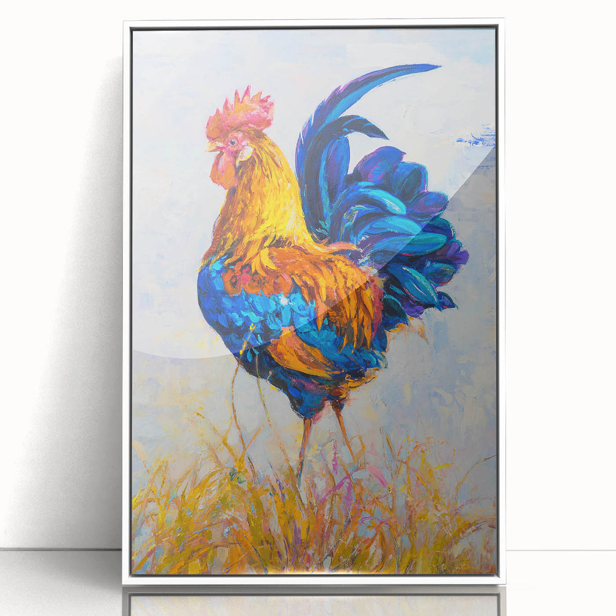 Framed acrylic wall art collection showcasing a vibrant chicken design, featuring a white frame and clear front view, perfect for adding a playful touch to home decor.