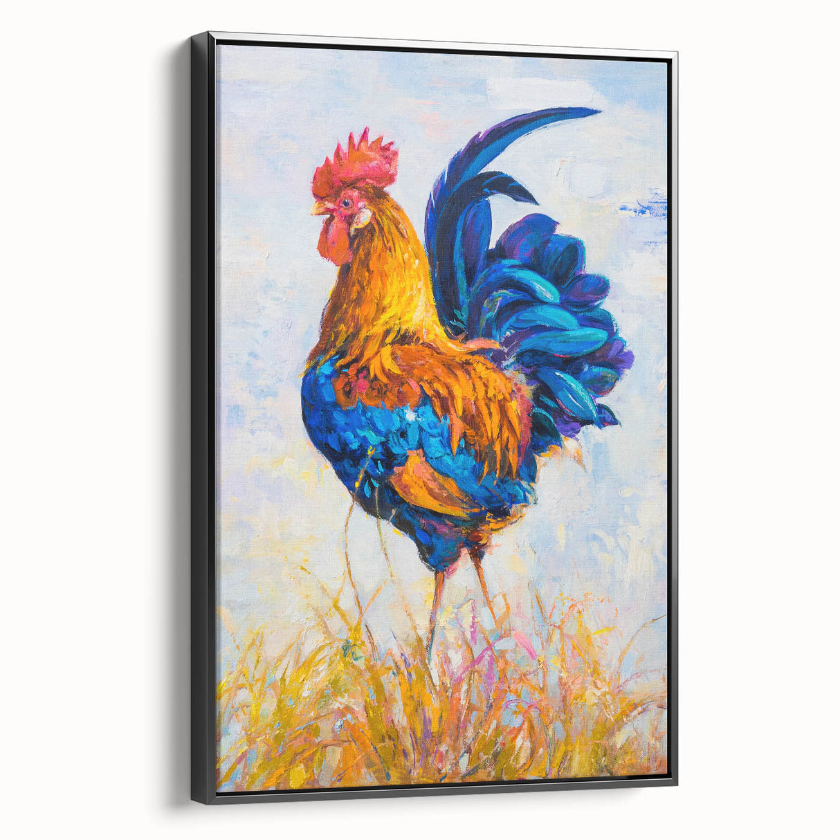 Framed canvas wall art featuring a detailed chicken design with vibrant colors, set against a black background, showcasing a side view of the artwork.
