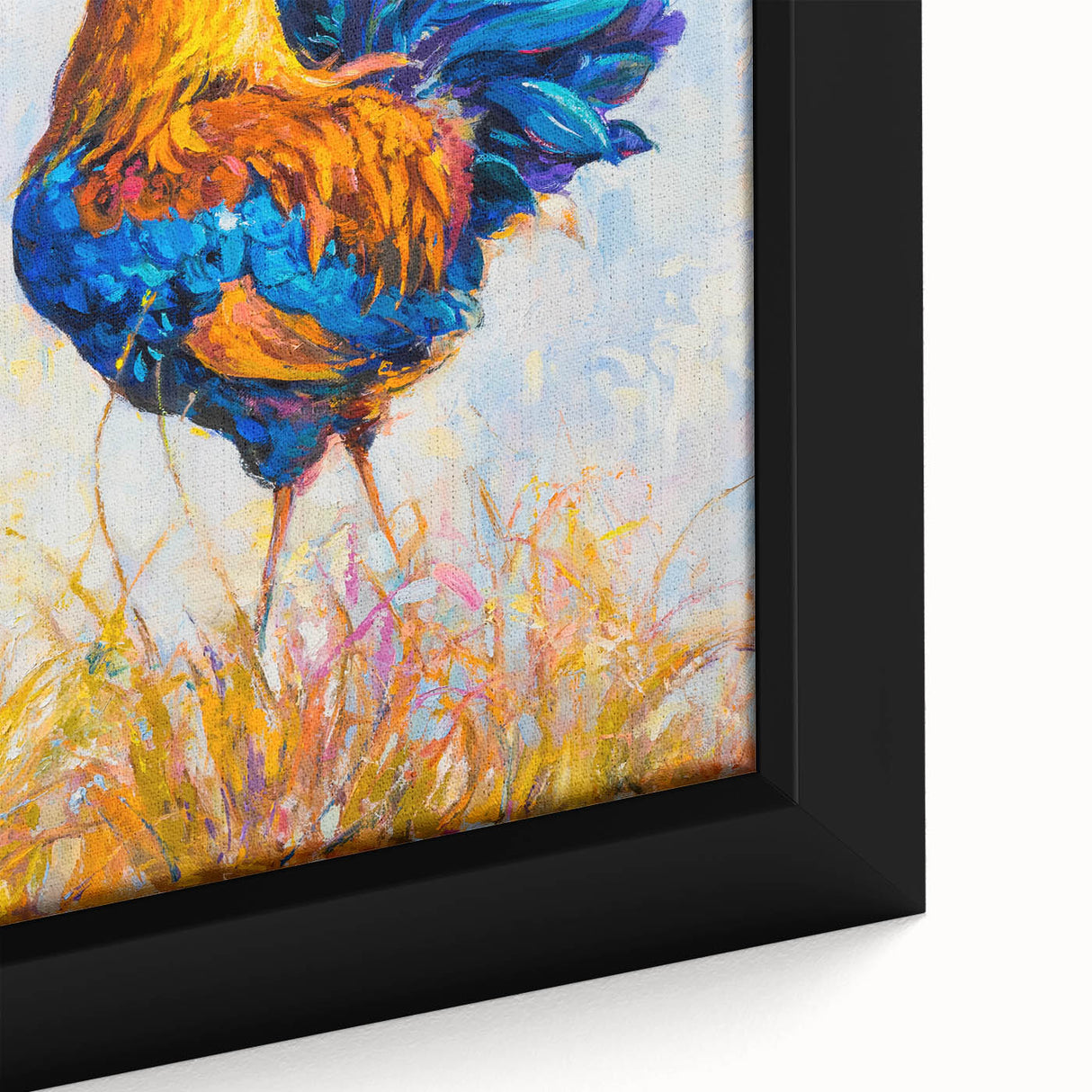 Close-up of a framed canvas depicting a colorful chicken design in a whimsical style, perfect for adding a playful touch to home decor. Ideal for bird lovers or kitchen art.