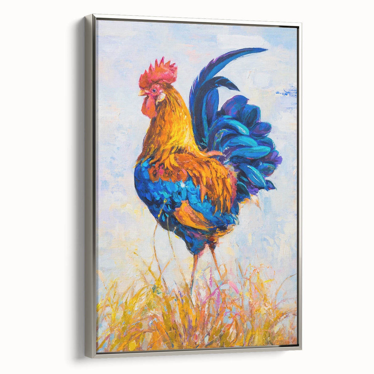 Framed canvas wall art showcasing a detailed chicken design in silver tones, elegantly displayed from a side view, perfect for enhancing home decor with a modern touch.