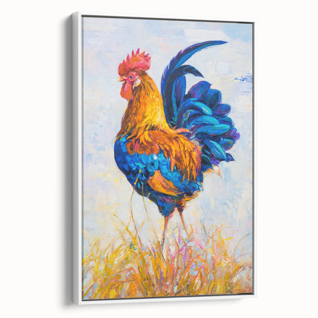 Framed wall art featuring a whimsical chicken design on a white canvas, showcasing vibrant colors and playful details, ideal for farmhouse decor enthusiasts.