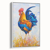Framed wall art featuring a whimsical chicken design on a white canvas, showcasing vibrant colors and playful details, ideal for farmhouse decor enthusiasts.