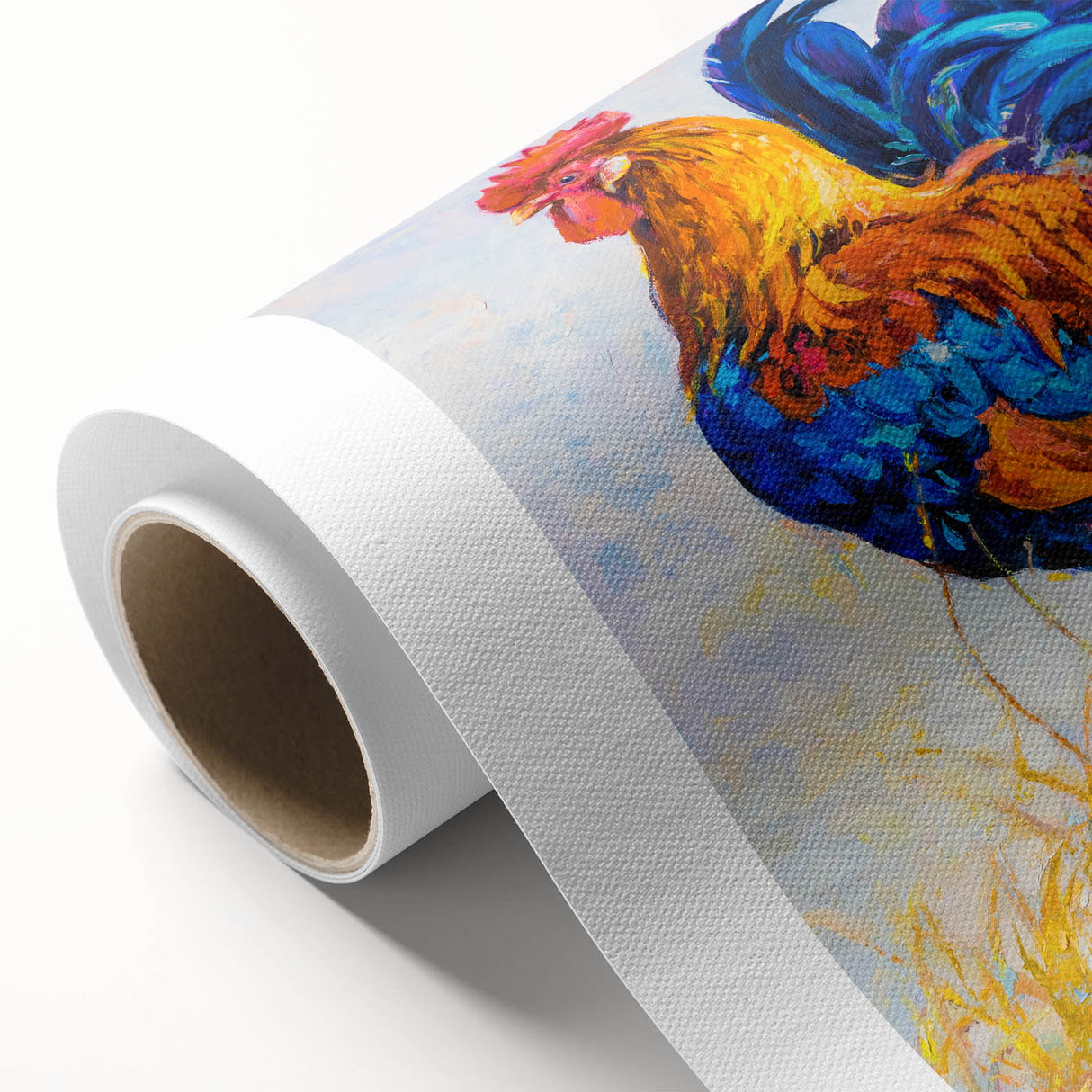 Colorful rolled canvas art featuring a whimsical chicken design, showcasing vibrant hues and playful details, ideal for adding a fun touch to home decor. Perfect for animal lovers and art enthusiasts alike.