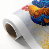 Colorful rolled canvas art featuring a whimsical chicken design, showcasing vibrant hues and playful details, ideal for adding a fun touch to home decor. Perfect for animal lovers and art enthusiasts alike.