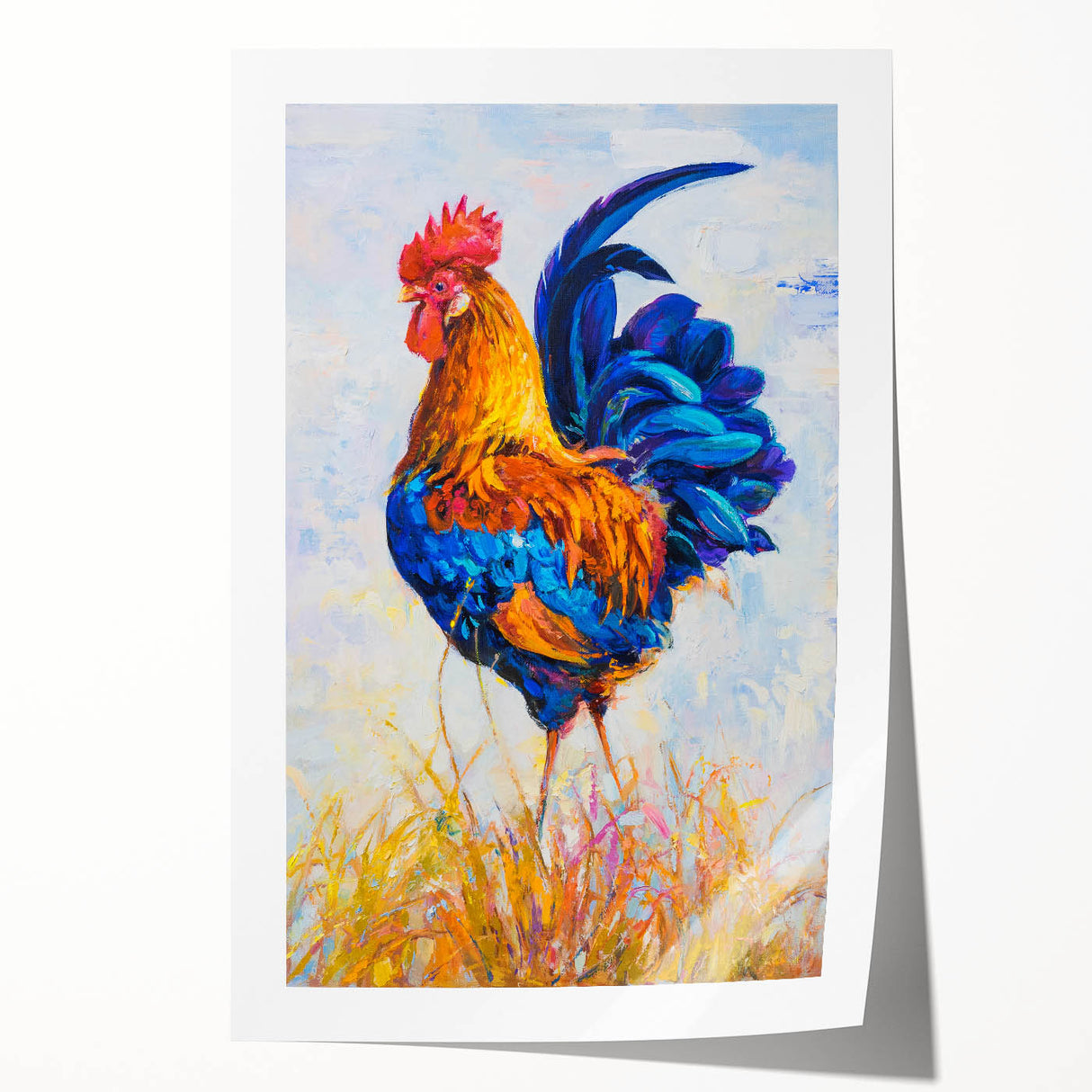 Colorful wall art print featuring a whimsical chicken design with vibrant hues, rolled for easy shipping and display. Ideal for farmhouse or kitchen decor.