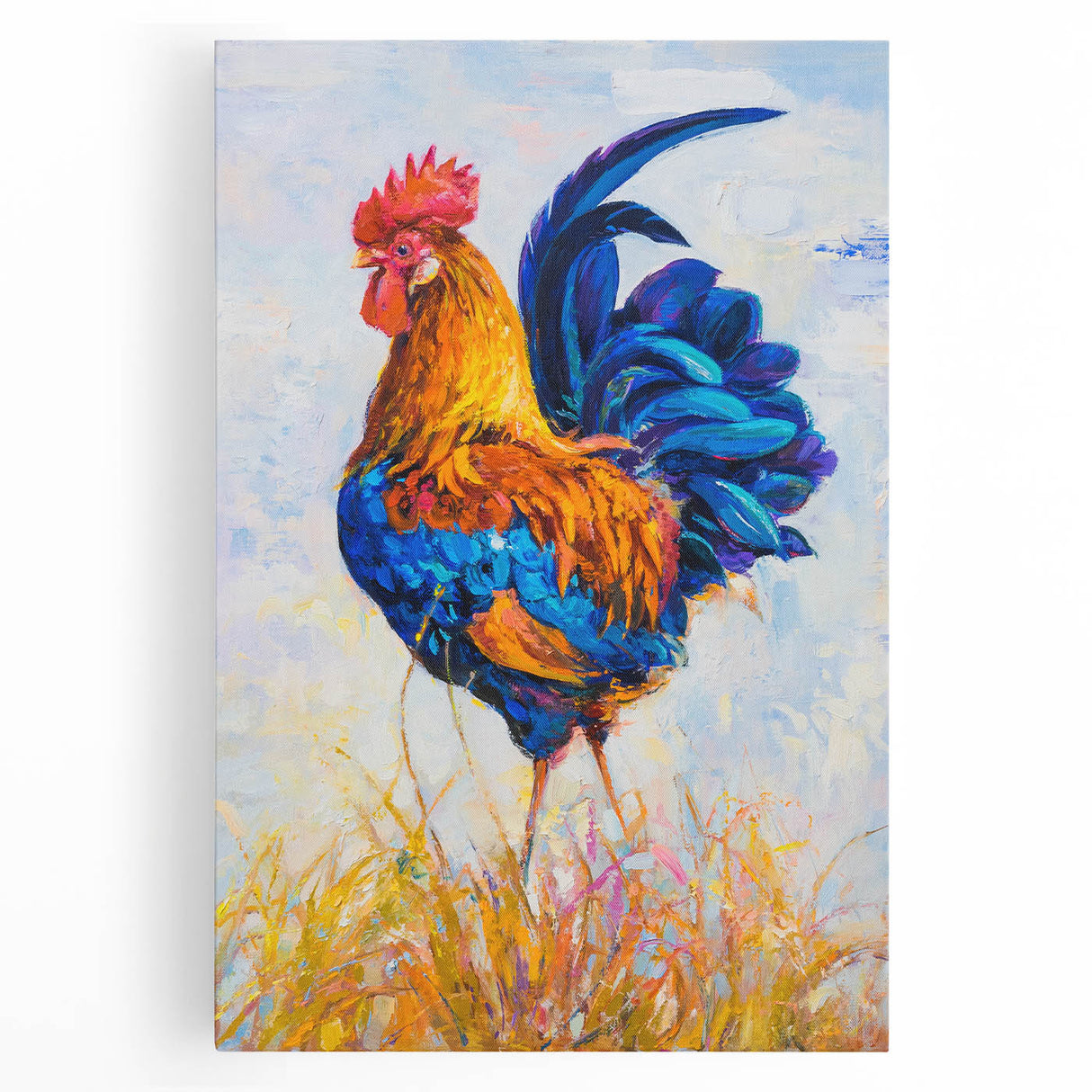 Colorful stretched canvas wall art showcasing a whimsical chicken design with vibrant hues, perfect for adding a playful touch to home decor.