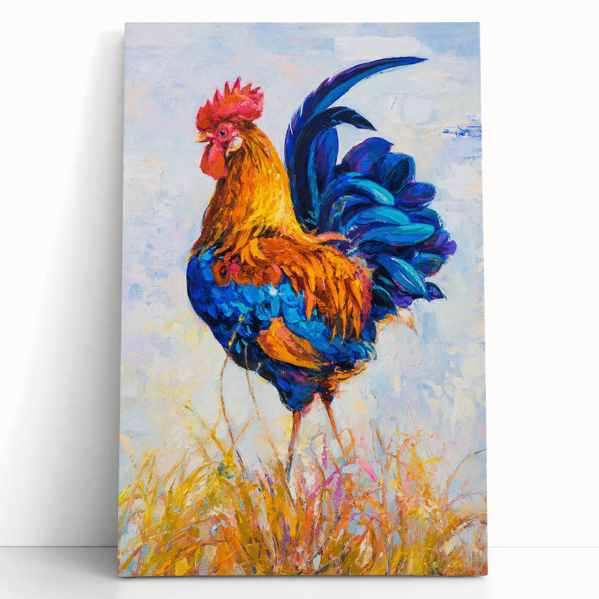 Vibrant stretched canvas wall art featuring a colorful chicken design, perfect for adding a playful touch to home decor. Ideal for animal lovers and unique artwork enthusiasts.