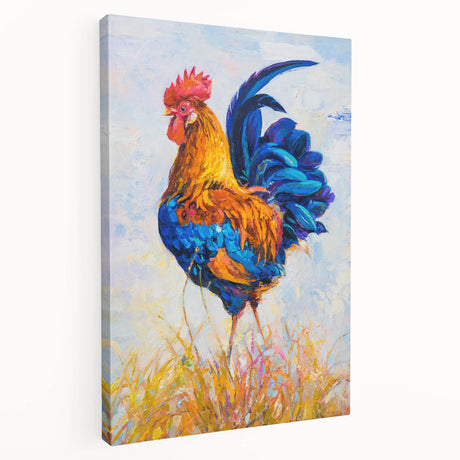 Stretched canvas wall art featuring a playful chicken design in vibrant colors, ideal for adding a whimsical touch to home decor or children's rooms.