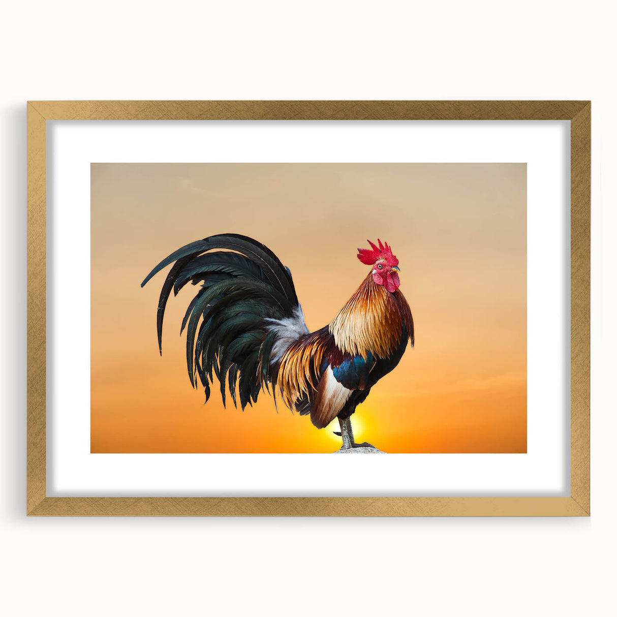 Framed wall art featuring a stylish chicken design in gold, set against a white mat, perfect for enhancing modern home decor with a touch of elegance.