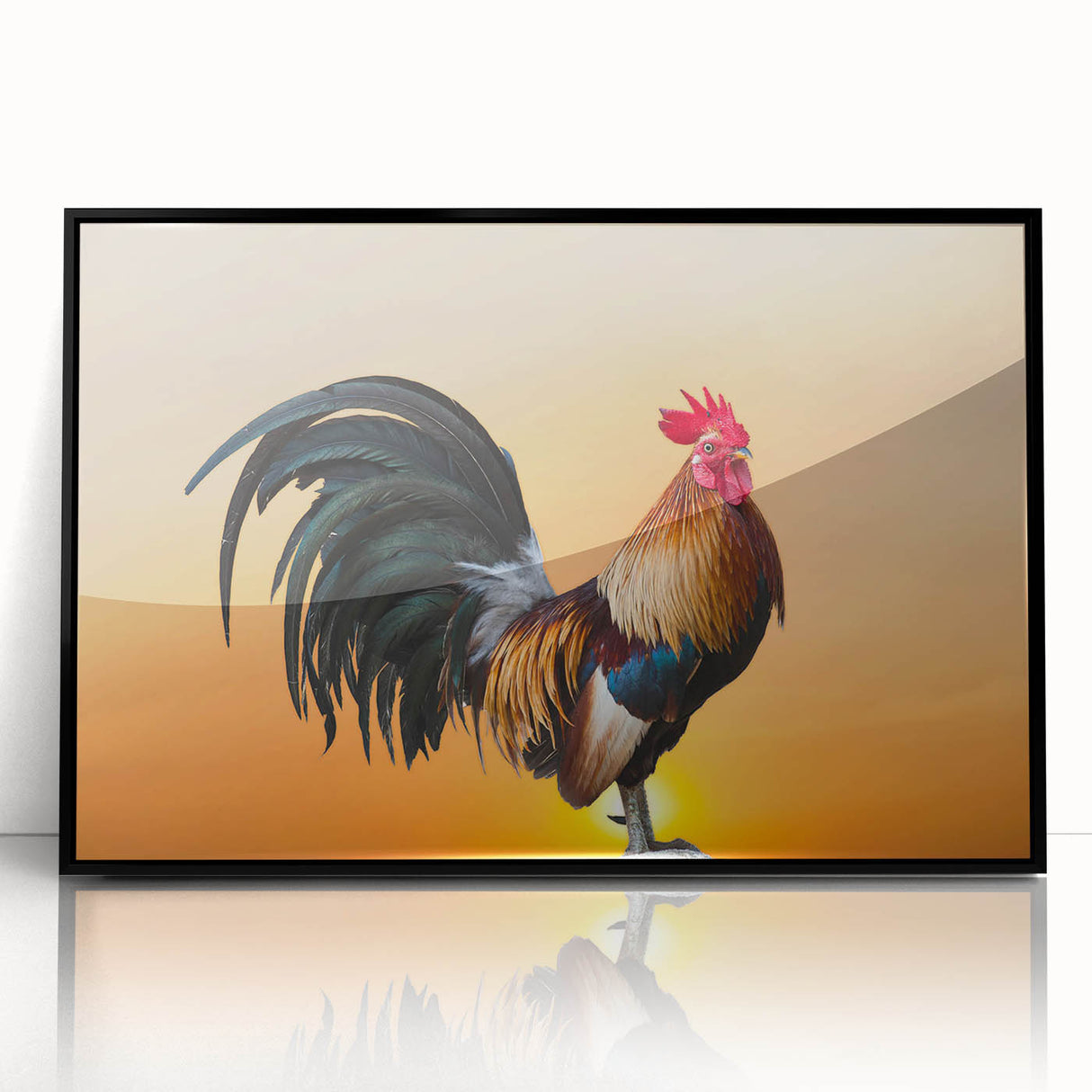 Framed wall art featuring a vibrant chicken design in a black frame, showcasing colorful birds against a white background, ideal for kitchen decor.