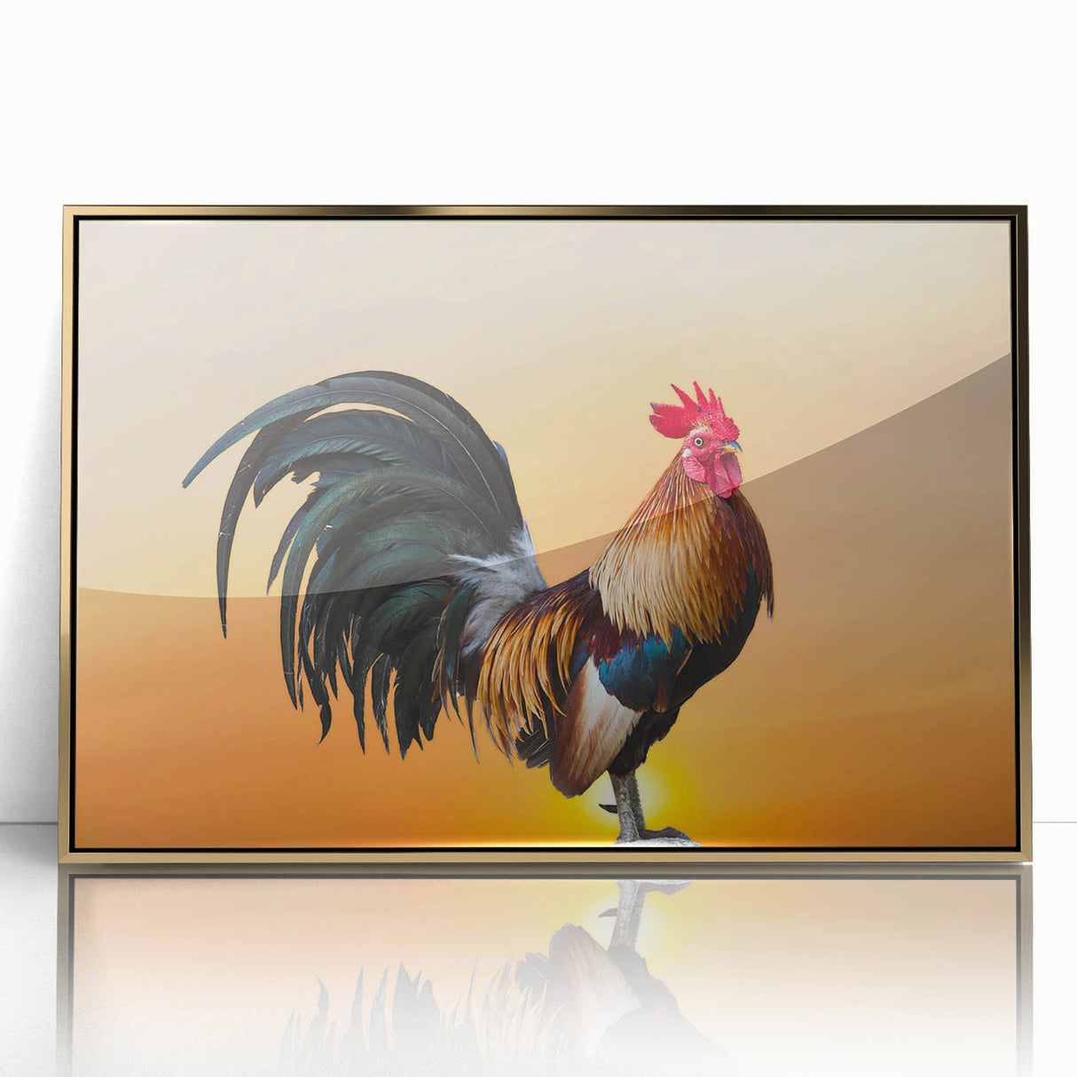 Framed wall art featuring a whimsical chicken design, set in an acrylic frame with a gold finish. The vibrant colors and playful illustration add a charming touch to any decor. Ideal for animal lovers and unique home accents.