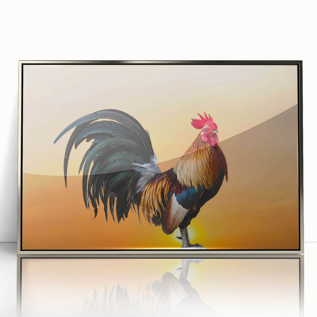 Framed wall art featuring a stylish chicken design in silver acrylic, showcasing vibrant colors and intricate details, perfect for modern home decor.