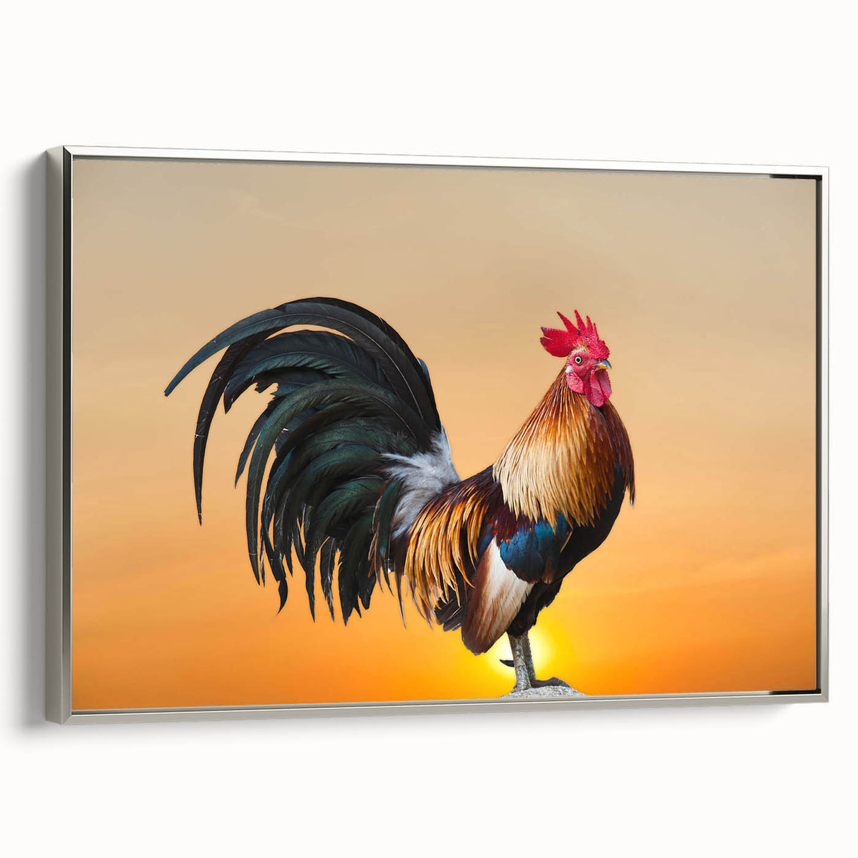 Framed wall art featuring a vibrant chicken design, showcasing intricate details in a silver frame, ideal for adding a touch of personality to any room decor.
