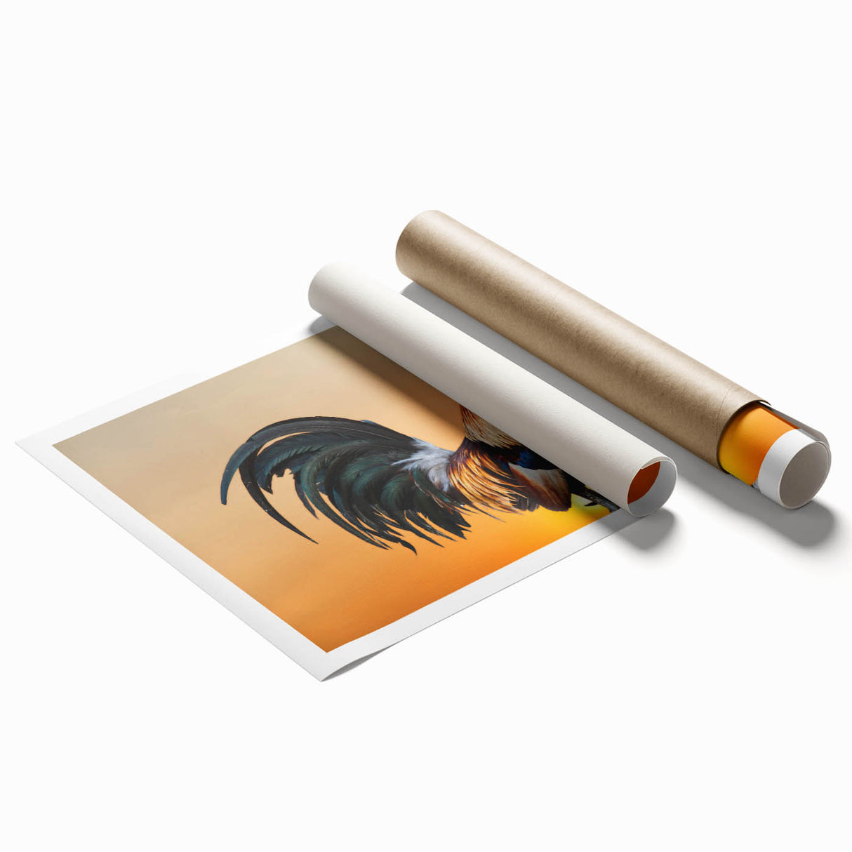 Vibrant wall art print showcasing a whimsical chicken design, featuring bright colors and playful patterns, rolled and ready for framing or display in home decor. Perfect for adding a fun touch to kitchens or dining areas.