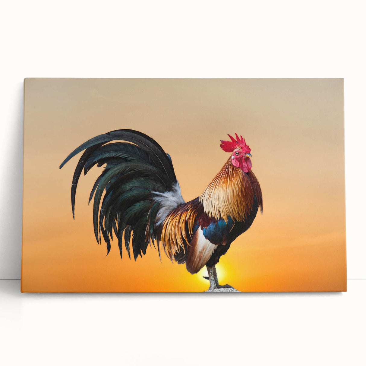 Colorful wall art featuring a whimsical chicken design on stretched canvas, showcasing vibrant hues and intricate details, perfect for adding charm to any space.