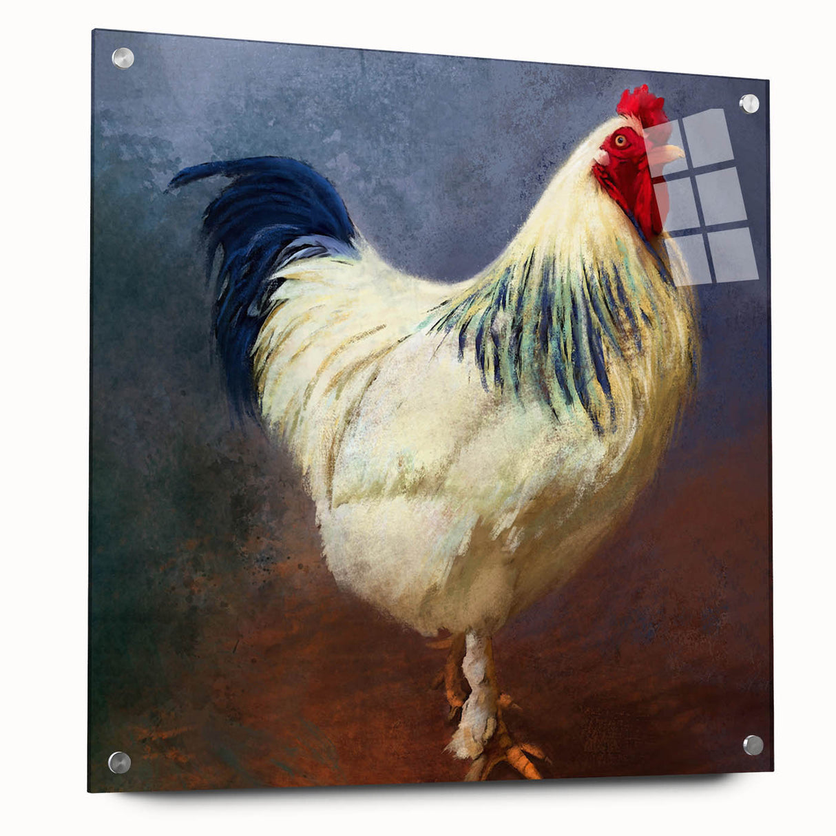 Acrylic wall art featuring a vibrant chicken design, showcased from the side view with visible mounting pins, ideal for adding a playful touch to any interior decor.