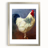 Framed wall art featuring a vibrant chicken design in a modern silver frame, complete with a mat. Ideal for adding a playful touch to home decor.