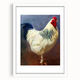 Charming wall art featuring a whimsical chicken design in a white frame with matting, perfect for adding a playful touch to home decor. Ideal for kitchens or dining areas.
