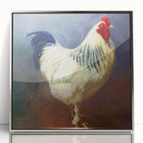Framed wall art featuring a stylish chicken design in silver acrylic, ideal for modern home decor, showcasing intricate details and vibrant colors. Perfect for adding a whimsical touch to kitchens or dining areas while enhancing aesthetic appeal.