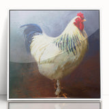 Framed wall art showcasing a vibrant chicken design on a white background, perfect for adding a playful touch to home decor. This acrylic piece features a sleek front view and is ideal for animal lovers or farm-themed interiors.