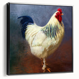 Framed canvas wall art showcasing a vibrant chicken design with intricate details, presented in a sleek black frame, ideal for kitchen or dining room decor.