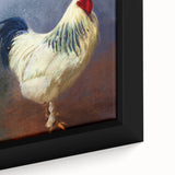 Close-up of a framed canvas wall art showcasing a colorful chicken design, featuring intricate details and vibrant colors, perfect for adding character to any space.