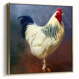 Framed canvas wall art showcasing a whimsical chicken design in vibrant colors, featuring a gold frame that enhances its playful character, ideal for home decor.