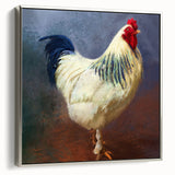 Framed canvas wall art featuring a stylish chicken design in vibrant colors, showcased from a side view against a silver frame, ideal for adding a whimsical touch to home decor.
