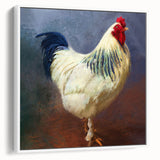 Framed canvas wall art featuring a whimsical chicken design in vibrant colors, displayed against a white background, ideal for adding a playful touch to home decor.