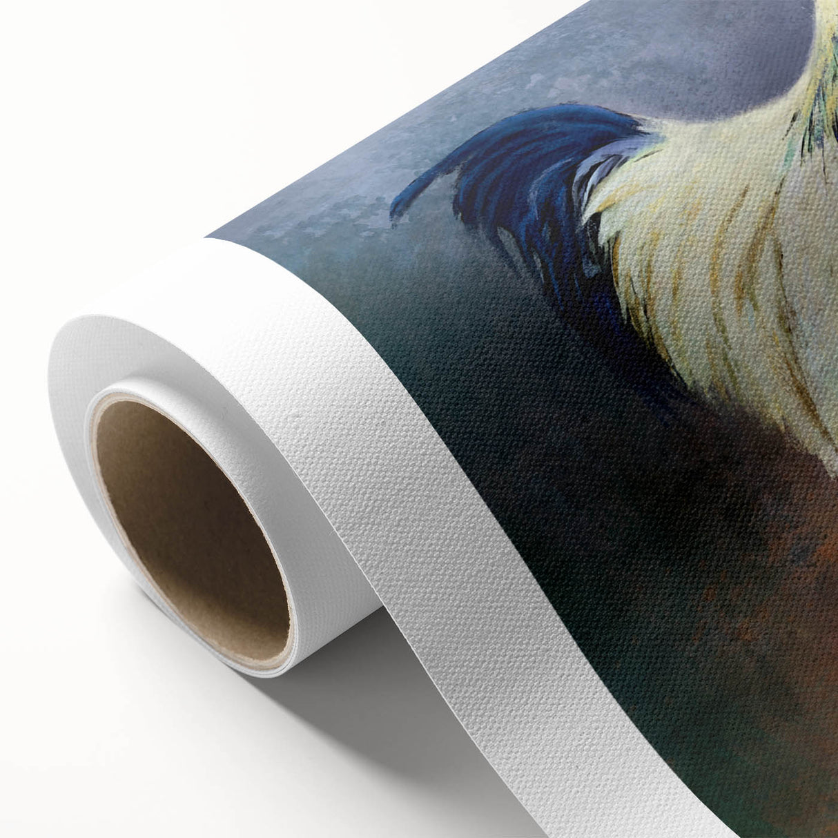 Rolled canvas wall art showcasing a detailed chicken design, featuring vibrant colors and intricate patterns, perfect for enhancing home decor.