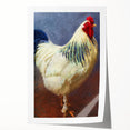 Colorful wall art print featuring a whimsical chicken design, showcasing vibrant hues against a textured background, ideal for home decor or kitchen aesthetics.