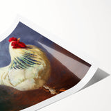 Rolled print showcasing a vibrant chicken design in a colorful, artistic style, perfect for home decor, presented in a protective cardboard tube.