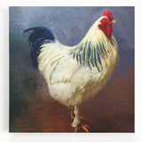 Stretched canvas wall art featuring a vibrant chicken design, showcasing detailed colors and textures, perfect for adding a whimsical touch to home decor.