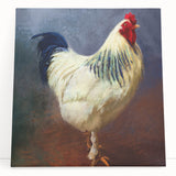 Colorful stretched canvas wall art featuring a whimsical chicken design, perfect for adding a playful touch to home decor. Ideal for kitchens or dining areas.
