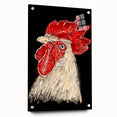 Acrylic wall art featuring a vibrant chicken design, viewed from the side with decorative pins, showcasing bright colors and intricate details perfect for a modern home decor.