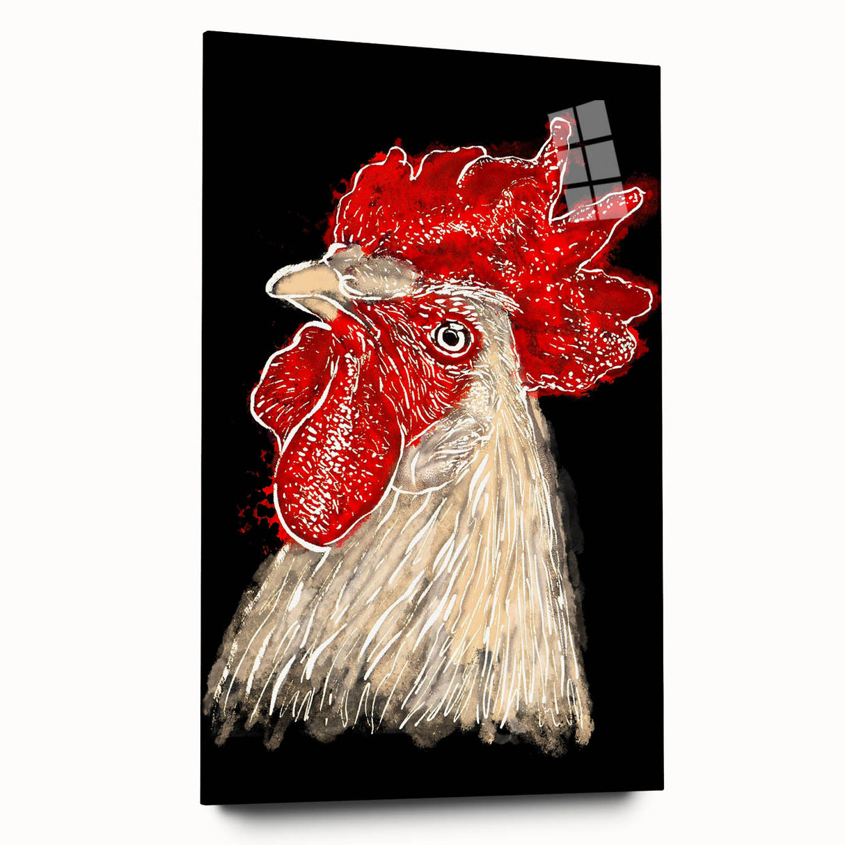 Side view of a colorful acrylic wall art piece featuring a whimsical chicken design, perfect for adding a playful touch to home decor. Ideal for kitchens or dining areas.