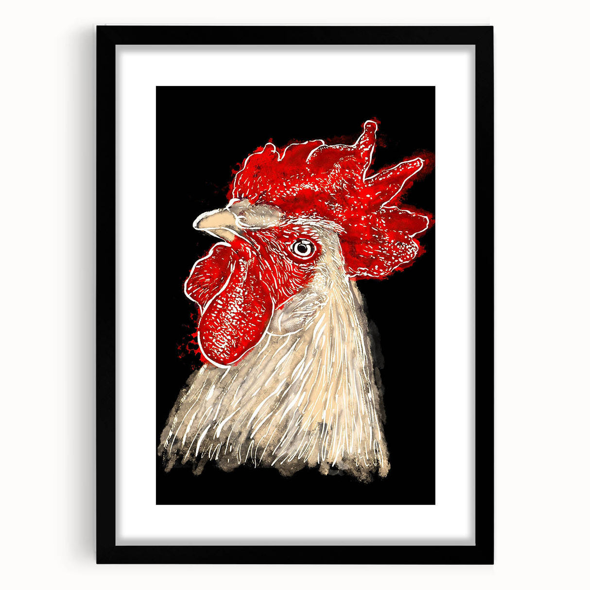 Black-framed wall art featuring a whimsical design of colorful birds and chickens, ideal for home decor or a playful kitchen setting, showcasing intricate details and vibrant colors.