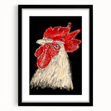 Black-framed wall art featuring a whimsical design of colorful birds and chickens, ideal for home decor or a playful kitchen setting, showcasing intricate details and vibrant colors.