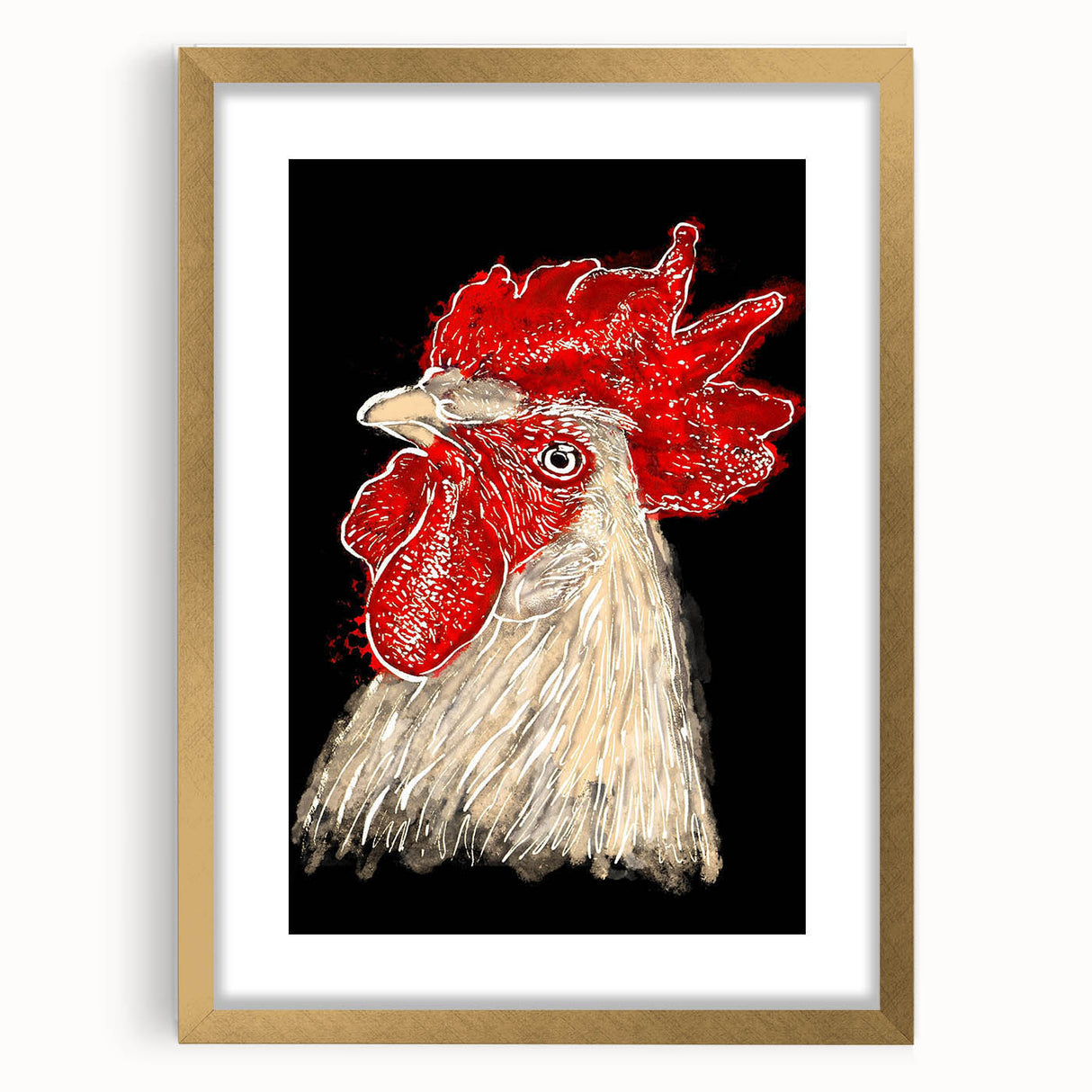Framed wall art featuring a unique chicken design in gold, showcasing a sleek mat finish, perfect for adding a touch of elegance to home decor. This decorative piece combines artistic flair with a modern aesthetic, ideal for poultry lovers and art enthusiasts alike.