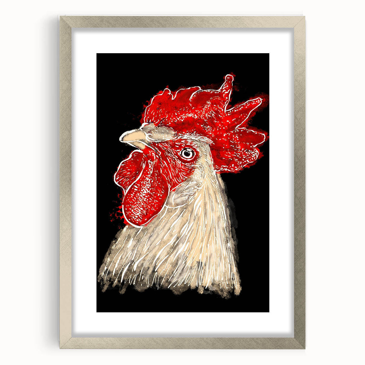 Framed wall art featuring a whimsical chicken design in a silver frame with a mat, perfect for adding charm to farmhouse or country-themed decor.