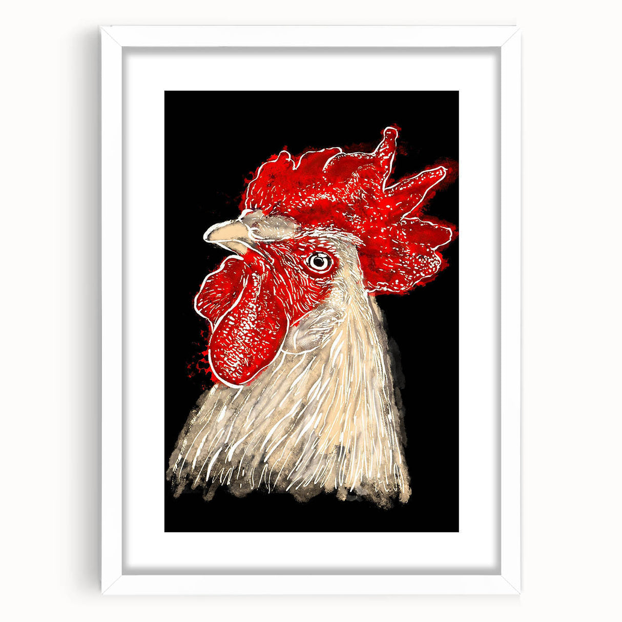 Framed wall art featuring a whimsical chicken design in a white mat, ideal for kitchen or farmhouse decor, showcasing vibrant colors and playful details.