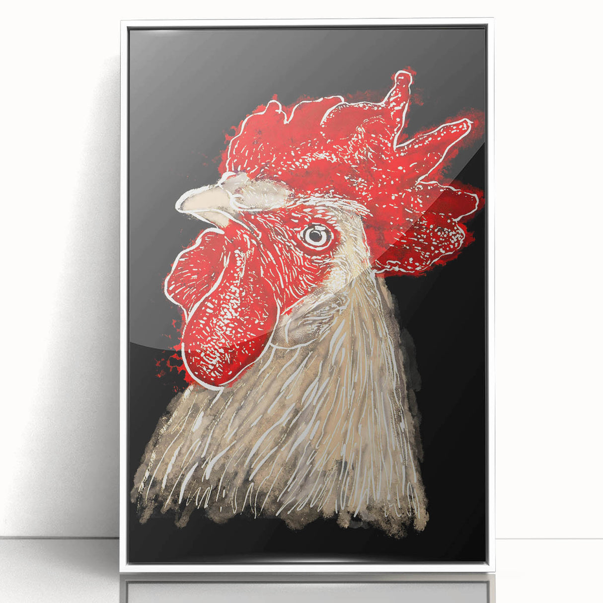 Framed wall art featuring a whimsical chicken design in vibrant colors, displayed against a white background, ideal for adding a playful touch to home decor.